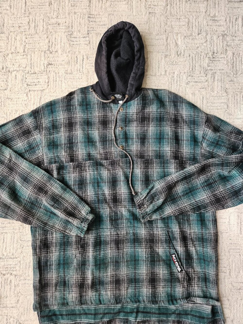 Vintage 90s No Fear Plaid Hooded Flannel Pullover Shirt USA Made Teal XL